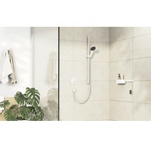Espace douche avec pommeau de douche, barre de douche, flexible de douche et étagère