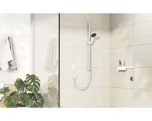 Espace douche avec pommeau de douche, barre de douche, flexible de douche et étagère