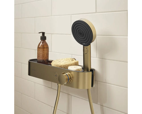 Ensemble de douche avec étagère, savon, éponge luffa et distributeur devant un fond de carreaux blancs