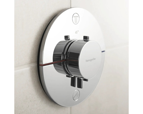 Logo Hansgrohe. Mitigeur thermostatique avec limiteur de température pour douche ou baignoire.