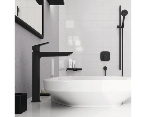 Modernes Badezimmer mit schwarzer Armatur, weißem Waschbecken und Duschkopf.