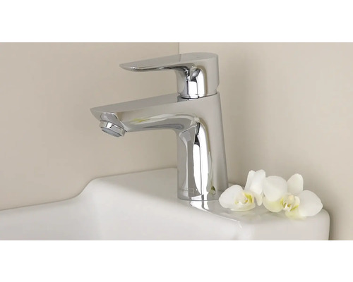 Robinet de lavabo chromé avec des fleurs d''orchidées