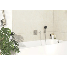 Salle de bain avec baignoire, robinetterie et décoration