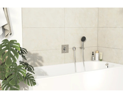 Salle de bains avec baignoire, robinetterie et plante d''intérieur