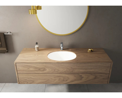 Waschtischunterschrank aus Holz mit rundem Spiegel