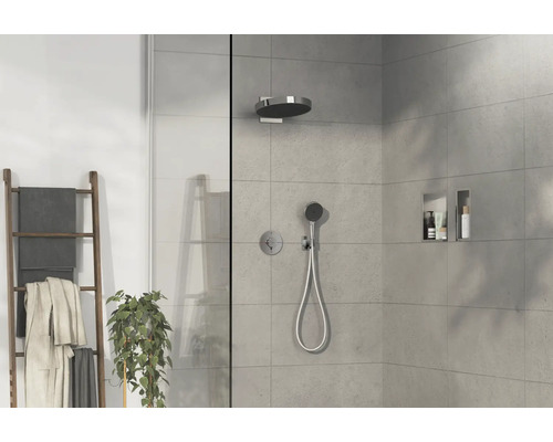 Helles Badezimmer mit Dusche, Handtuchleiter und Pflanze für eine natürliche Atmosphäre