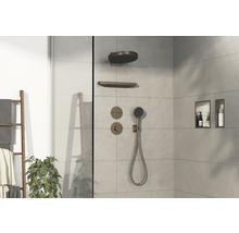 Vue détaillée d''une salle de bains moderne avec douche, robinetterie et étagères.