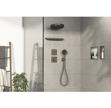 Espace douche avec douche de pluie, douchette à main, étagère et niches intégrées