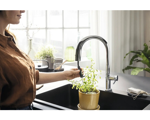 Frau giesst Pflanze mit Spültischarmatur in Küche.