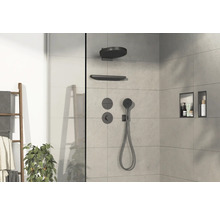 Salle de bain moderne avec douche, échelle à serviettes et plante