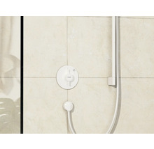 Thermostat de douche apparent avec flexible de douche et pomme de douche montés au mur.