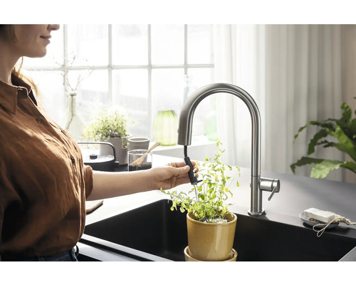 Frau bewässert Pflanze mit Küchenarmatur in Spüle