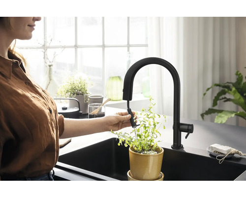Frau bewässert Pflanze mit einer Küchenarmatur mit Ausziehbrause in einem Spülbecken