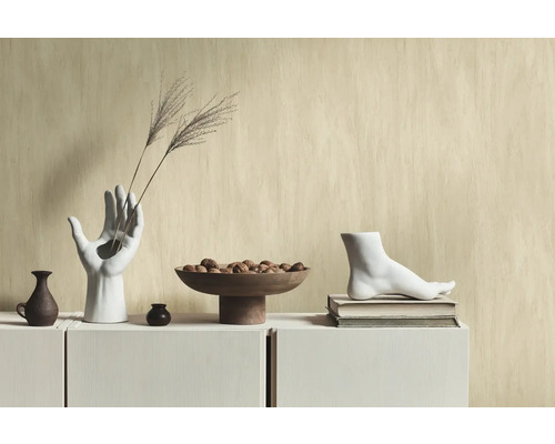 Dekorative Anordnung mit Vasen, Schale und Fuß auf einem Schrank