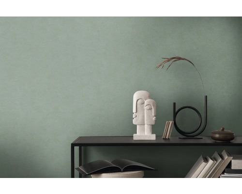 Pièce confortable avec un mur vert, décorée d''une sculpture et d''accessoires sur une étagère.