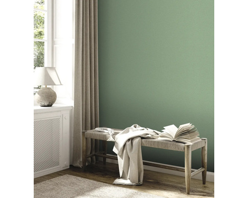 Wohnzimmer mit grüner Wand, Bank, Buch, Überwurf und Fenster