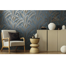 Vliestapete 39933-5 French Affair Palmenblätter blau glänzend
