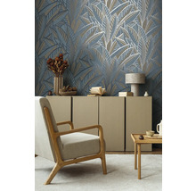 Vliestapete 39933-5 French Affair Palmenblätter blau glänzend
