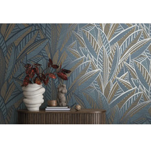 Vliestapete 39933-5 French Affair Palmenblätter blau glänzend