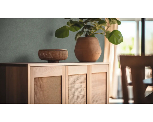 Commode avec façade à motif tressé, sur laquelle se trouvent un bol et un pot avec une plante