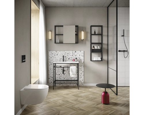 Salle de bain lumineuse avec lavabo, armoire de toilette, étagère, WC et douche