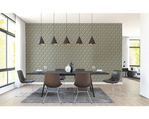 Modernes Esszimmer mit dreidimensionaler Wand, Esstisch und Stühlen