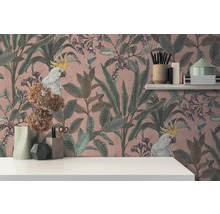 Papier peint avec motifs de plantes, d''oiseaux et de cacatoès