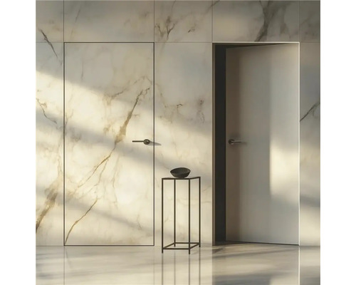 Deux portes dans une pièce lumineuse avec revêtement mural en marbre et une petite table d''appoint.