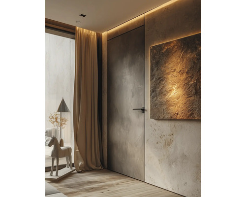 Intérieur avec porte, rideau, œuvre d''art et décoration de cheval en bois