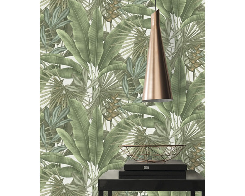 Papier peint à motif de feuilles tropicales, suspension et décoration sur une table