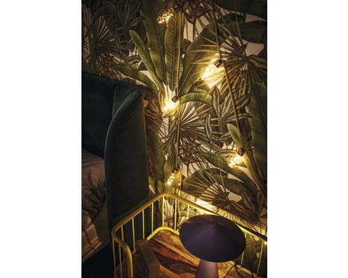 Chambre décorative avec papier peint à motifs végétaux, guirlande lumineuse et table de chevet.