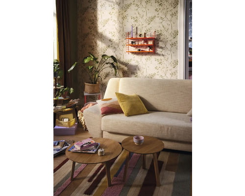 Wohnzimmer mit Sofa, Couchtischen und Wandregal