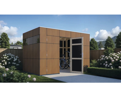 Gartenschuppen mit geöffneter Tür und Fahrrädern im Inneren