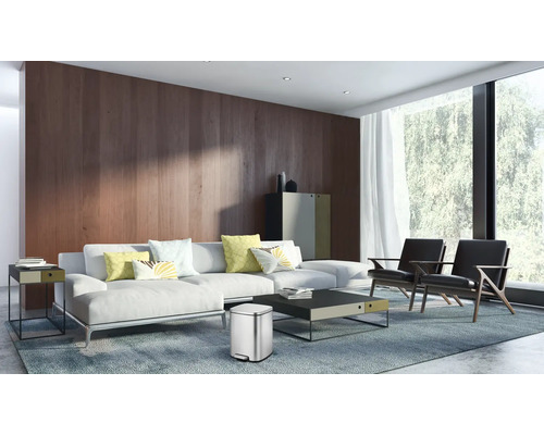 Salon avec canapé, fauteuil, tapis et poubelle