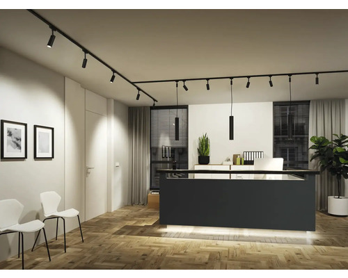 Bureau avec système de rails noirs avec spots et suspensions