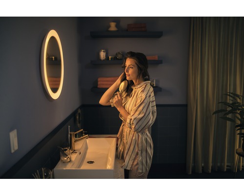 Salle de bains moderne avec miroir éclairé, lavabo et étagères décoratives.