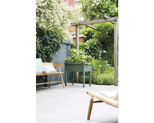 Scène de jardin avec jardinière sur pieds, bancs et plantes