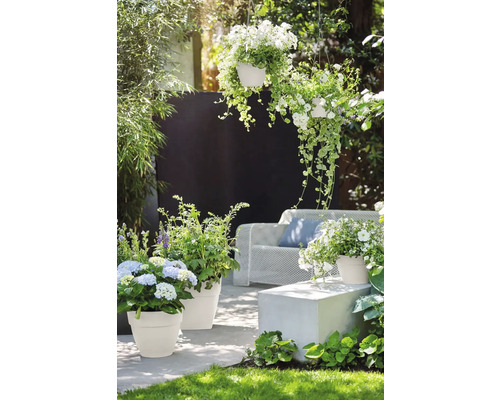 Gartenambiente mit Blumen in Töpfen und Hängekörben sowie Sitzbereich