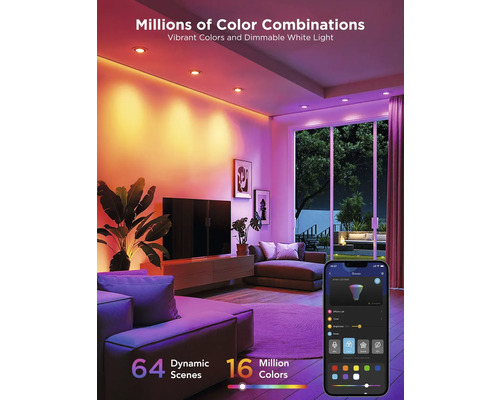 Salon avec éclairage LED intelligent contrôlé par une application smartphone et offrant différentes combinaisons de couleurs