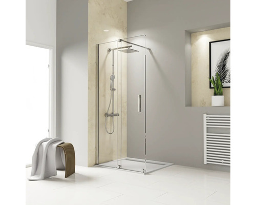 Paroi de douche avec porte glissante/porte coulissante SCHULTE Toura ExpressPlus 120 x 200 cm profilé chrome verre transparent revêtement de verre résistant à la saleté tirant gauche Cabine de douche en verre avec douche de pluie et douchette à main dans la salle de bain
