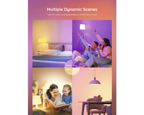 Verschiedene Szenen mit farbwechselnden Lampen: Schlafen, Ausruhen, Lesen, Abendessen