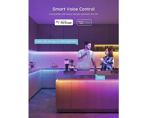 Smartes LED Band im Küchenbereich mit Sprachsteuerung und kompatibel mit Alexa und Google Assistant.