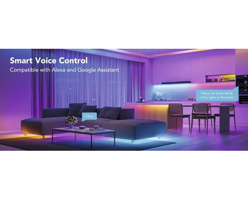 Wohnraum mit intelligenter Beleuchtung, steuerbar mit Alexa und Google Assistant.