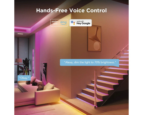 Wohnzimmer mit LED-Streifenbeleuchtung und Sprachsteuerung über Alexa und Google Assistant.