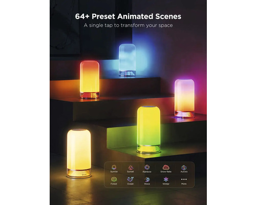 Plusieurs lampes de table Govee avec scènes animées sur des marches d''escalier