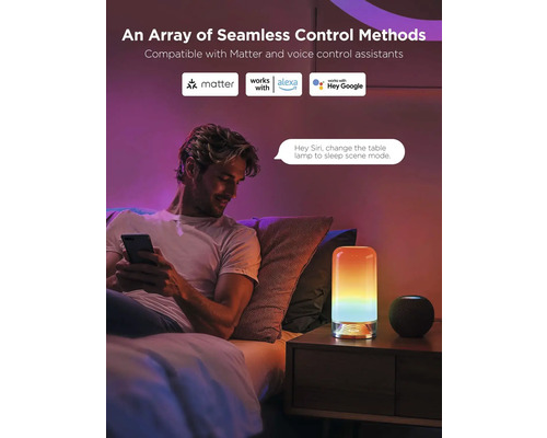 Un homme utilise la commande vocale pour une lampe de table dans une chambre avec le logo Matter, fonctionne avec le logo Alexa et fonctionne avec le logo Hey Google