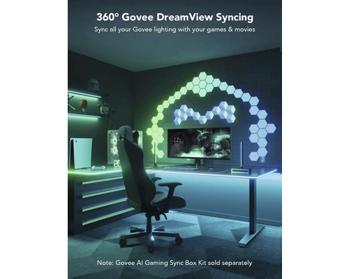 Spielzimmer mit Gaming-Stuhl, Tisch, Computer, Playstation und Govee DreamView Syncing Beleuchtung.