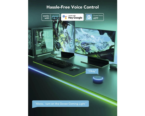 Gaming-Arbeitsplatz mit Computermonitoren, Tastatur, Maus und LED-Beleuchtung, kompatibel mit Alexa und Google Assistant