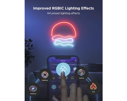 Smartphone mit App zur Steuerung von RGBIC-Lichteffekten und voreingestellten Beleuchtungsmodi