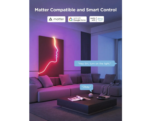 Wohnzimmer mit Sofa und intelligenter Beleuchtung, kompatibel mit Matter, Google Home und Alexa